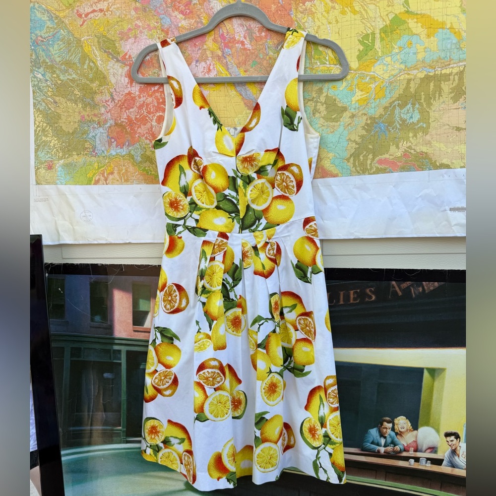 Banana Republic White and Yellow Lemon Print Midi Dress